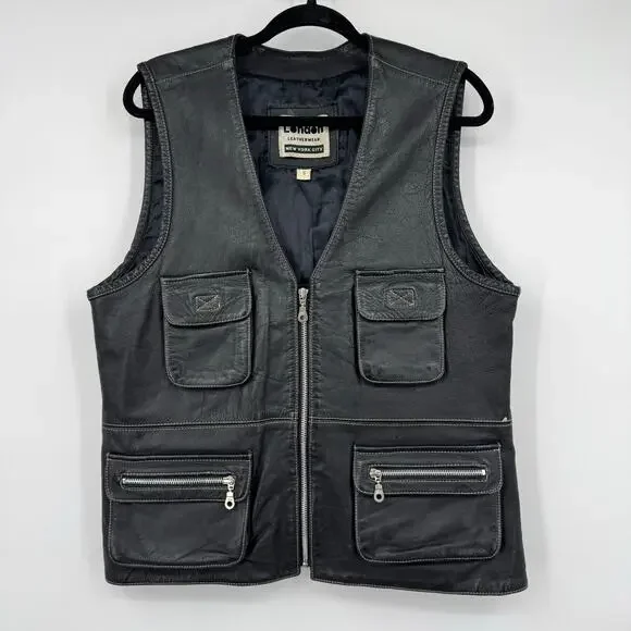 Vintage London Leatherwear NYC Unisex Black Leather Motor Biker Vest Zip-Up Sz S - Picture 1 of 16